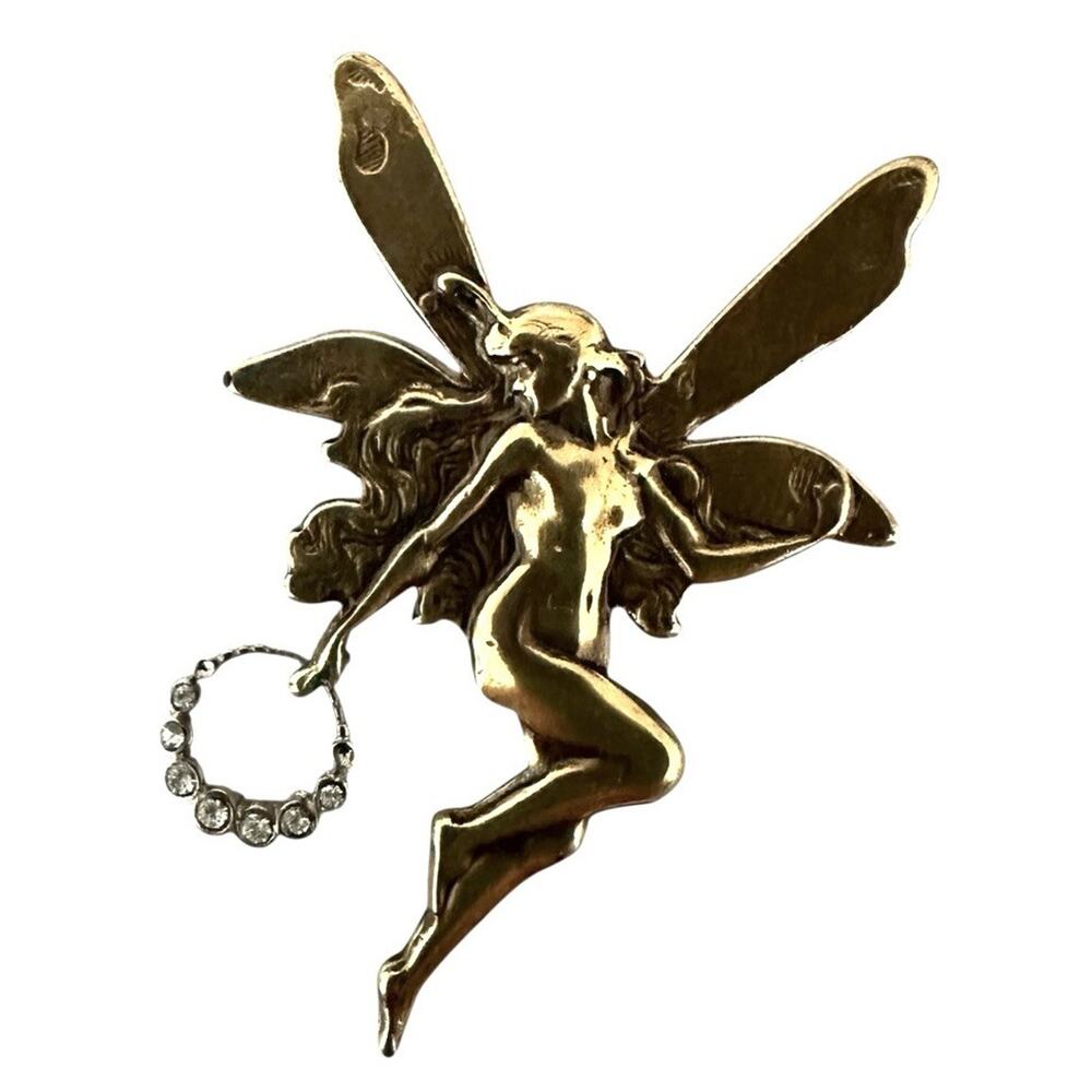 Vintage Art Nouveau Fairy Holding A Circle Crown Of Clear Rhinestones Brooch Pin